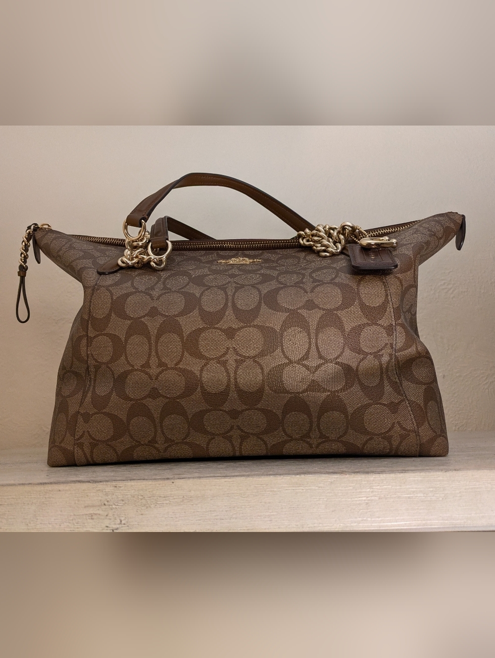 Coach Ava 23526 Signature Khaki Saddle Leather Tote/Shoulder Bag XL Tan/Brown